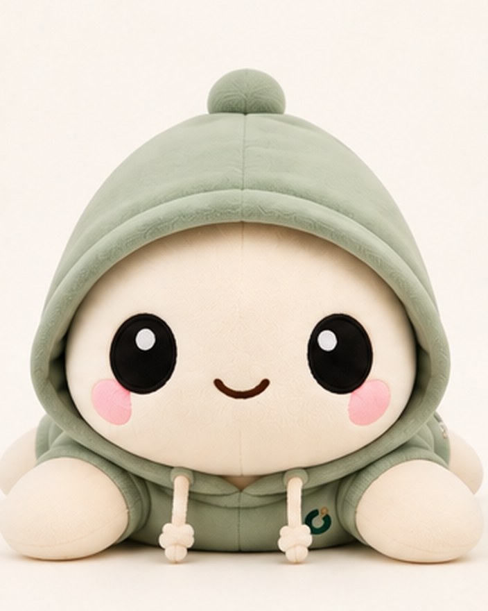 후드를 쓰고 정면을 바라보는 VONI 봉제 인형